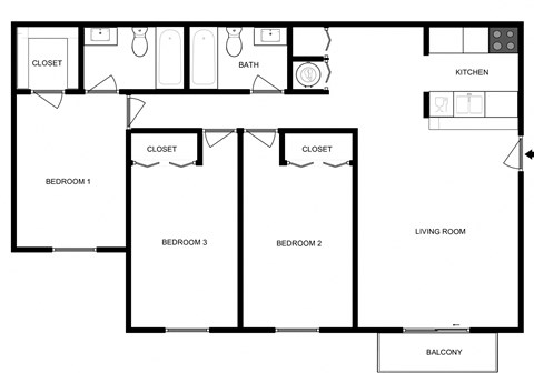 Floor plan for 3 beds, 2 baths, 1150 sqft